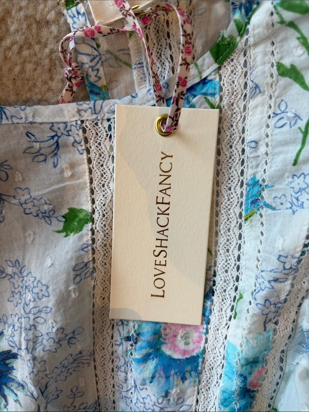 LoveShackFancy White Mini Dress with Blue Floral Print and Green Leaf Accents - Picture 2 of 8
